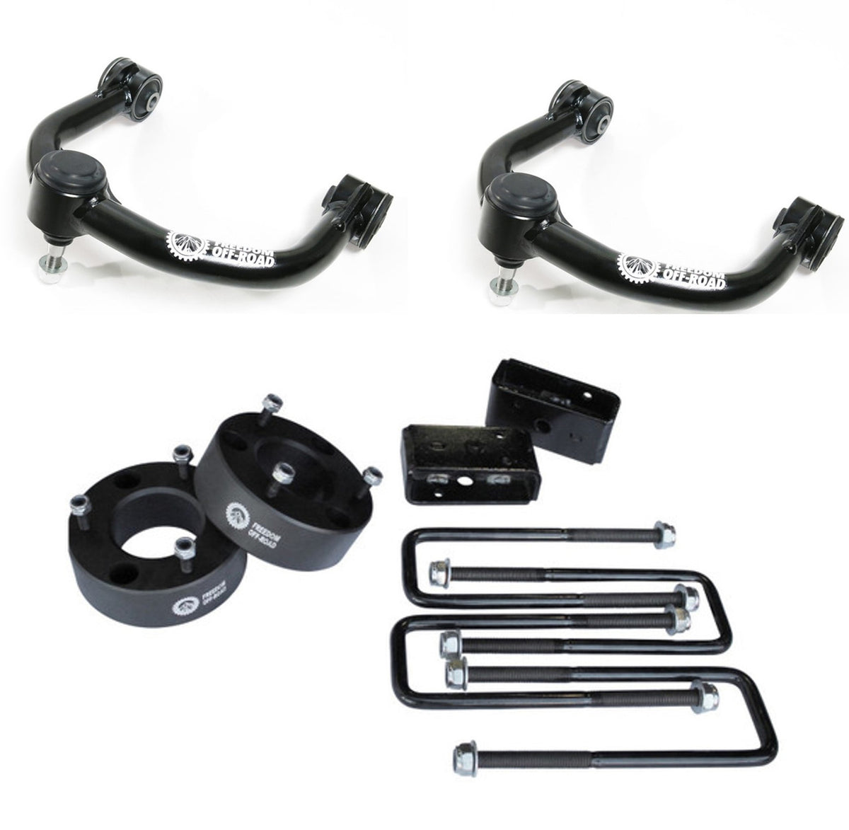 Freedom Off-Road 3 Inch Front Strut Spacer/2 Inch Rear Lift Blocks w/ U Bolts and Front Upper Control Arms 15-20 Ford F-150