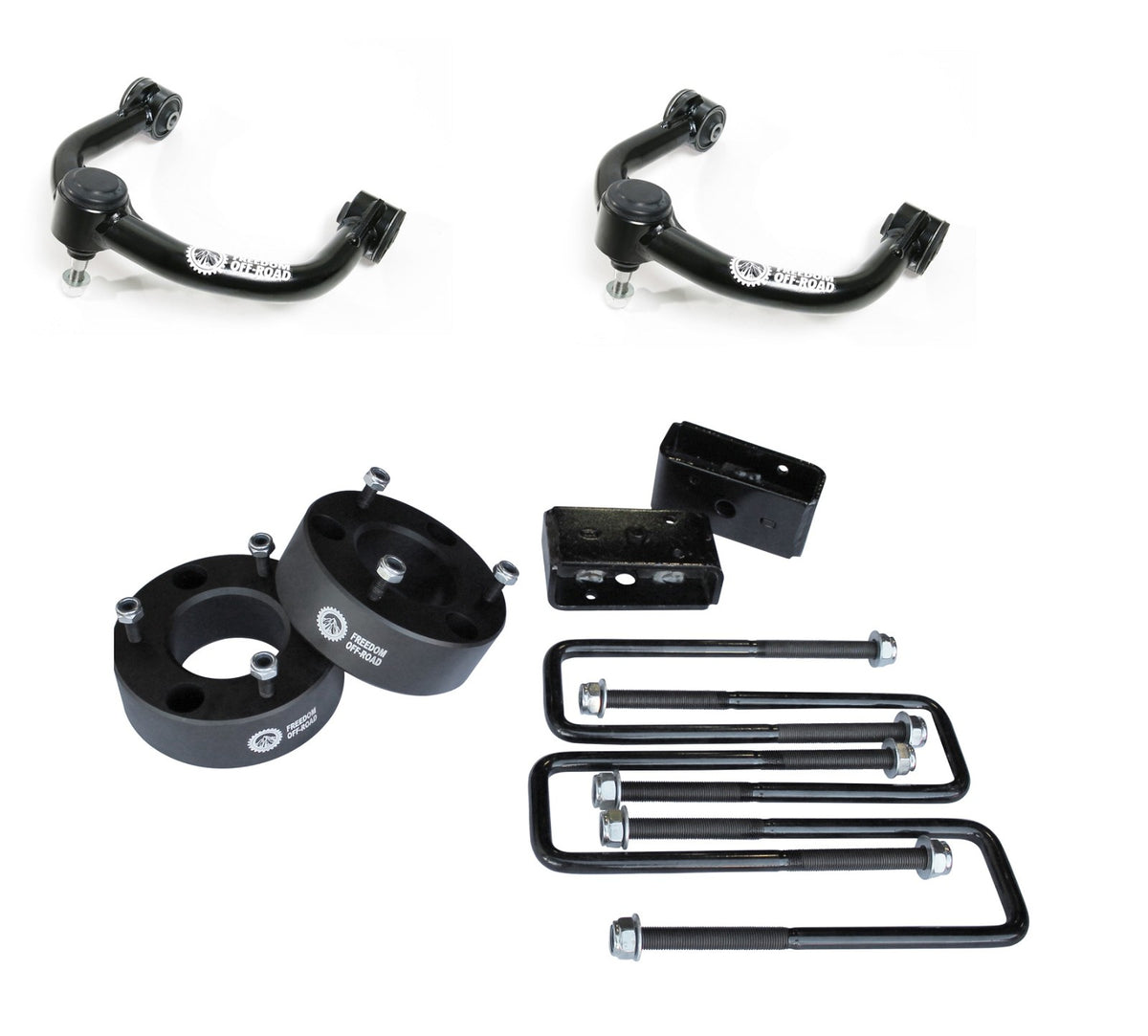 04-20 Ford F-150 Freedom Off-Road 3 Inch Front Strut Spacer 3 Inch Rear Lift Blocks with U Bolts + Lift Front Upper Control Arms
