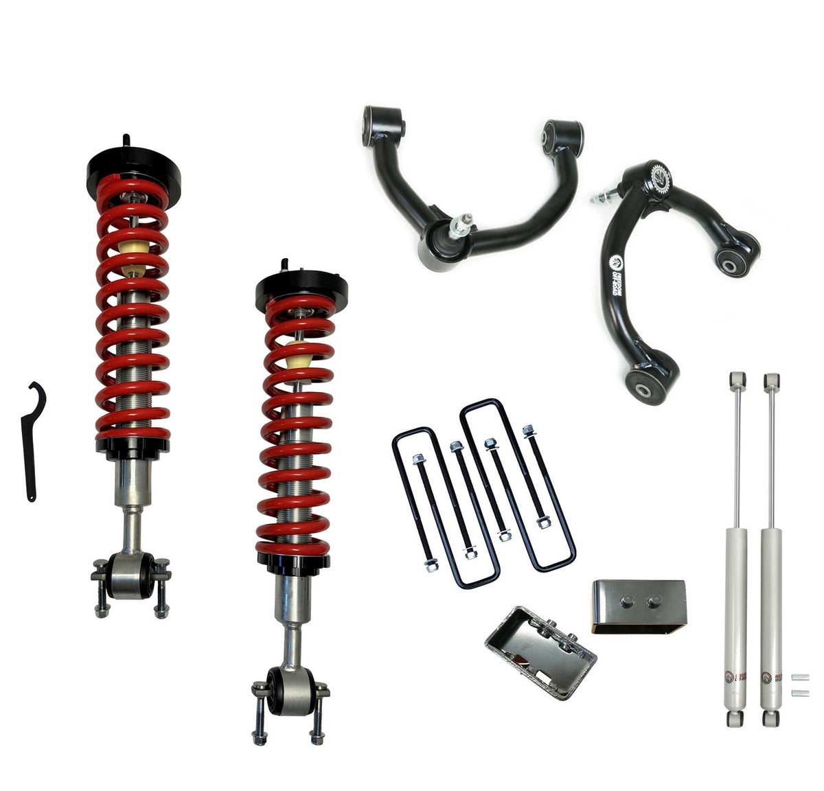 Freedom Off-Road 1-4 Inch Adjustable Coilovers/3 Inch Rear Blocks w/ U Bolts/Shocks and Front Upper Control Arms 21-UP Ford F-150
