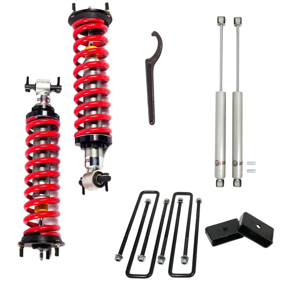 07-19 Chevrolet Silverado 1500 Freedom Off-Road 1-4 Inch Adjustable Coilovers 3 Inch Rear Blocks with U Bolts and Shocks