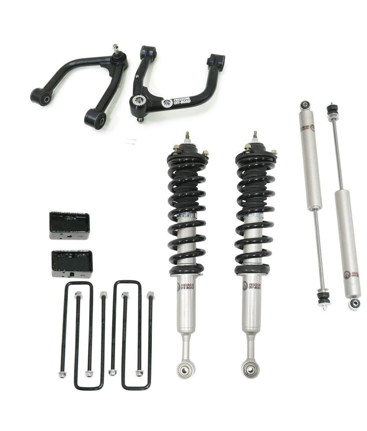 Freedom Off-Road Front 3.5 Inch Lift Struts w/ Rear 3 Inch Blocks, Shocks, and Front Upper Control Arms 2007-2021 Toyota Tundra