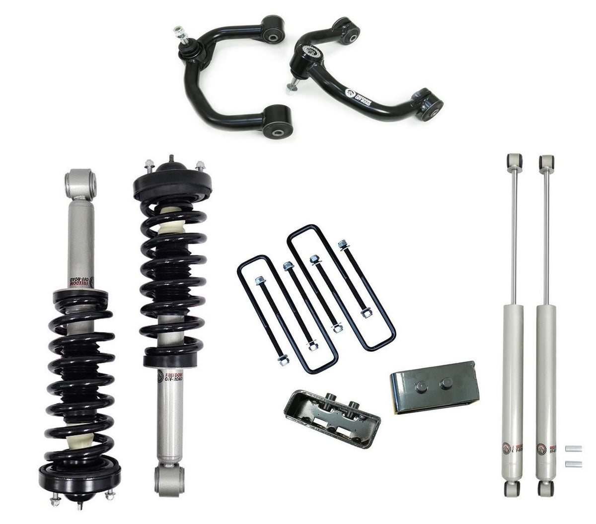 Freedom Off-Road Front 3.5 Inch Lift Struts w/ Rear 3 Inch Blocks, Shocks, and Front Upper Control Arms 2004-2008 Ford F-150