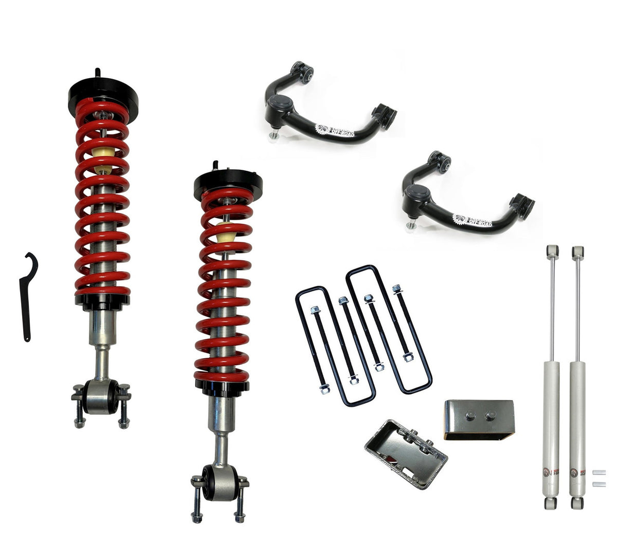 Freedom Off-Road 1-4 Inch Adjustable Coilovers/3 Inch Rear Blocks w/ U Bolts/Shocks and Front Upper Control Arms 15-20 Ford F-150