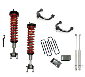 Freedom Off-Road 1-4 Inch Adjustable Coilovers/3 Inch Rear Blocks w/ U Bolts/Shocks and Front Upper Control Arms 15-20 Ford F-150