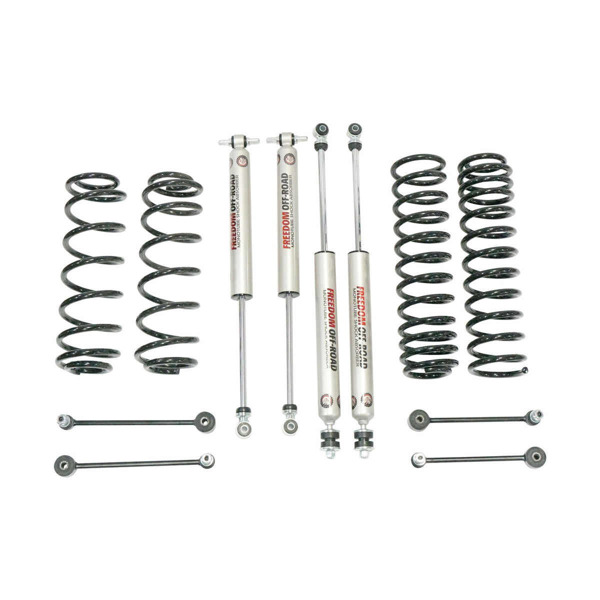 07-18 Jeep JK Wrangler 4 Inch 4DR/4.5 Inch 2DR Lift w/ Coil Springs, Monotube Shocks, and Extended Sway Bar End Links Freedom Off Road