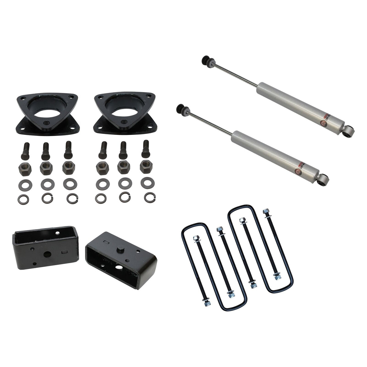 05-23 Toyota Tacoma Freedom Off-Road 3 Inch Front Strut Spacers 2 Inch Rear Blocks with U Bolts and Shocks