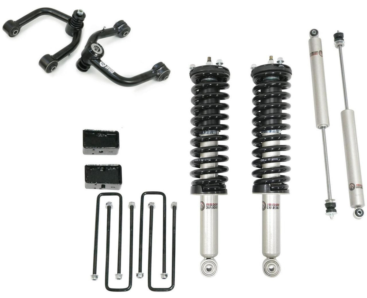 Freedom Off-Road Front 3.5 Inch Lift Struts w/ Rear 3 Inch Blocks, Shocks, and Front Upper Control Arms 2000-2006 Toyota Tundra